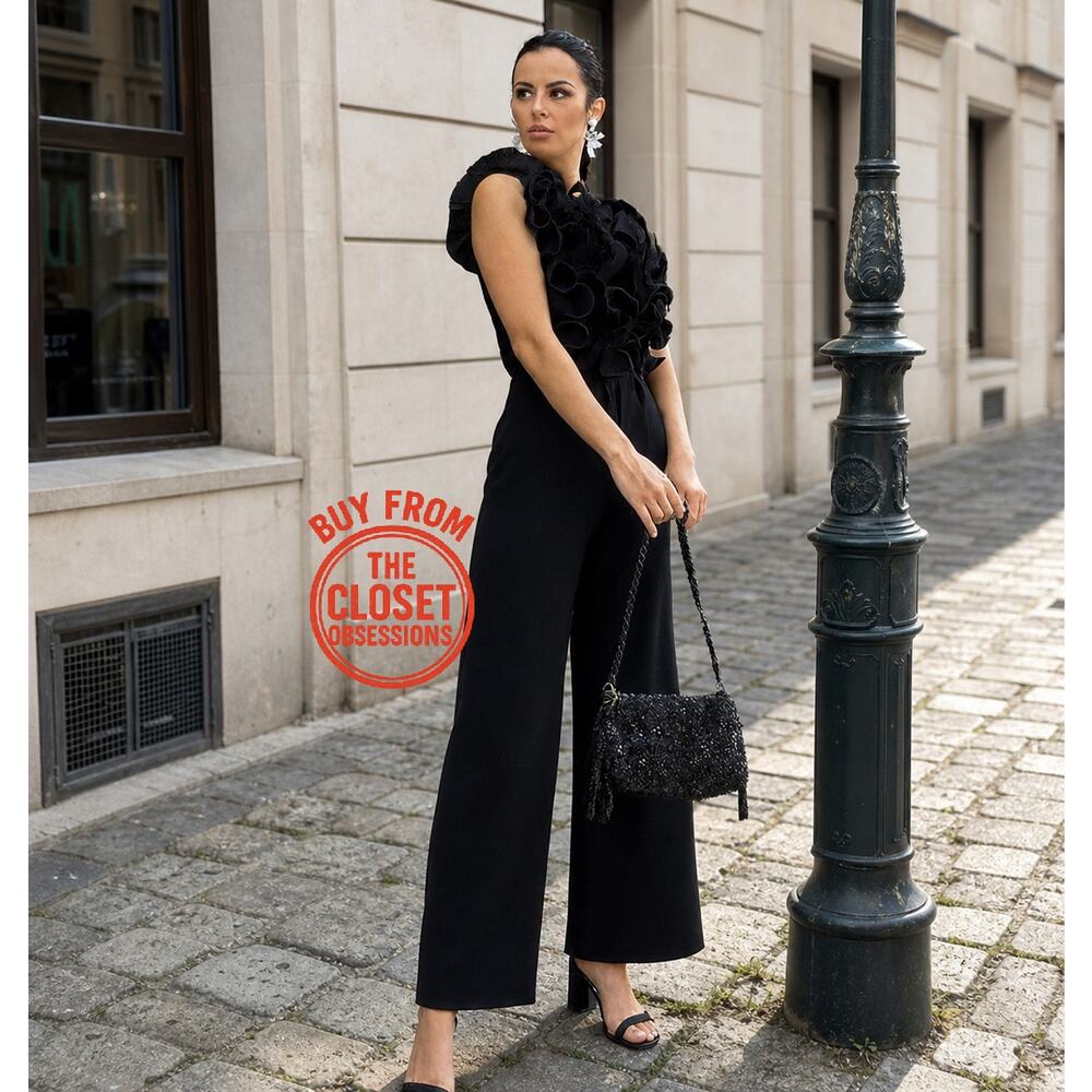 Zara Black Ruffle Wide Leg Jumpsuit Belted Sleeveless Elegant Evening Size M NWT - Picture 7 of 16